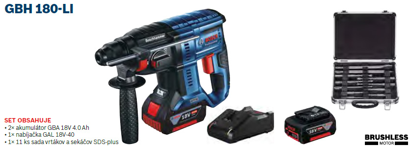 Aku vŕtacie kladivo Bosch GBH 180-Li (2x 4.0Ah) + príslušenstvo 0615990M33