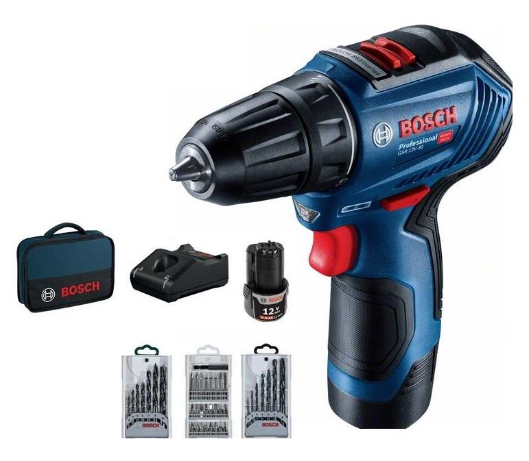 Aku vŕtací skrutkovač Bosch GSR 12V-30 + príslušenstvo (2x2,0Ah) 06019G9001